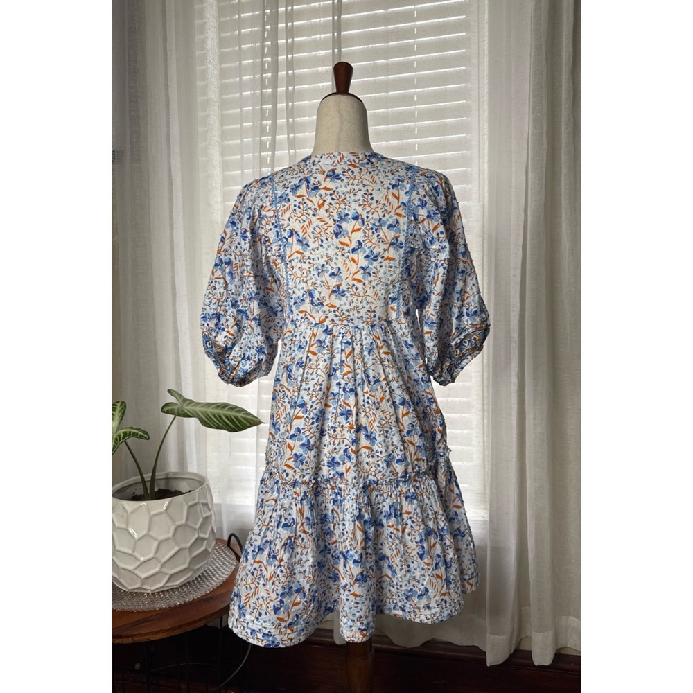 Poupette St Barth Aria Floral Tiered Puff Sleeve Dress in Blue and White Size XS - Picture 4 of 9